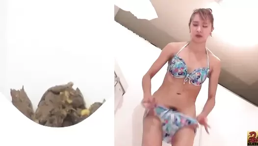 SR072 06 Front and back full body shot of wet women in bikini farting and pooping. Summertime toilet voyeur