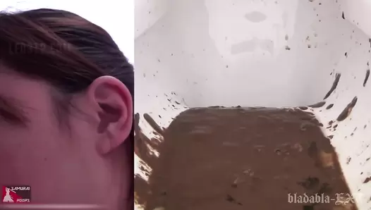 UNKW-039 01 Close-up face and poop. Double view toilet excretion