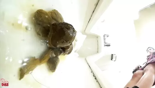 DLFF-260 01 Clogged public toilet peeping. Triple screen view