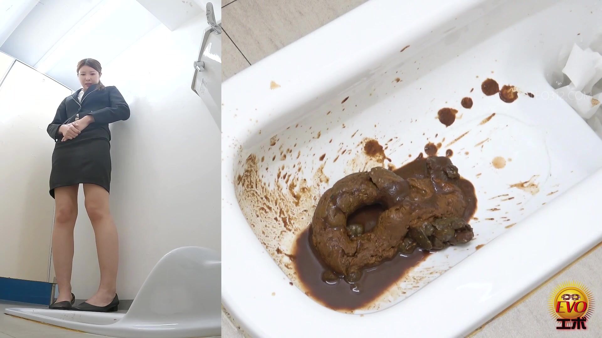 EE-761 05 Self-enema endurance: women reaching the limit and throwing diarrhea feces into the toilet bowl.